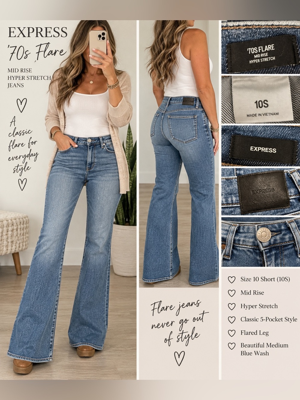 Express ’70s Flare Mid Rise Hyper Stretch Jeans – Size 10 Short